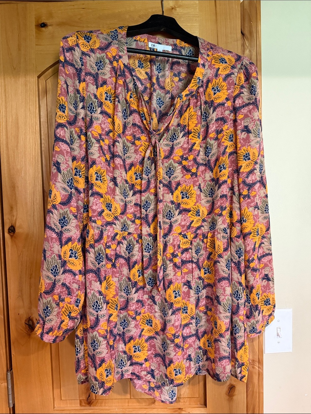 DR2 Pink and Yellow Floral Tie-Neck Blouse
